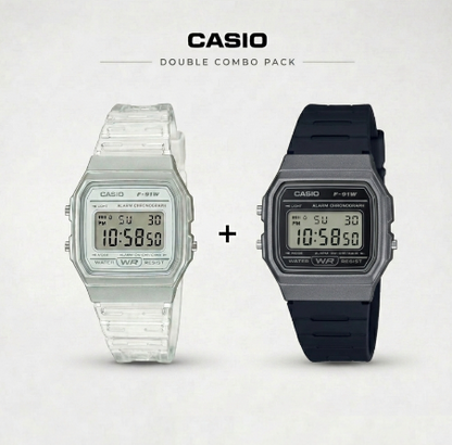 Casio Youth F-91WM-1BDF Digital Clear Watch Unisex D411 X D359 (COMBO)