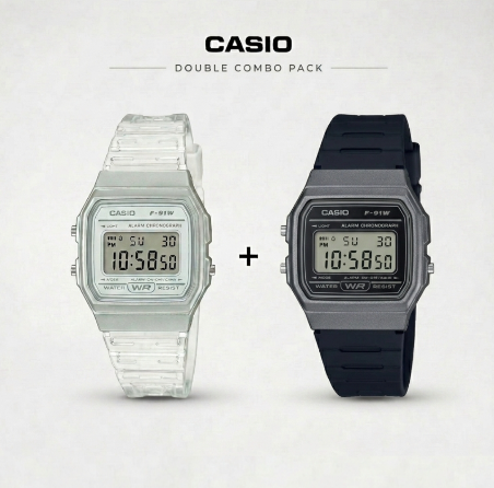 Casio Youth F-91WM-1BDF Digital Clear Watch Unisex D411 X D359 (COMBO)