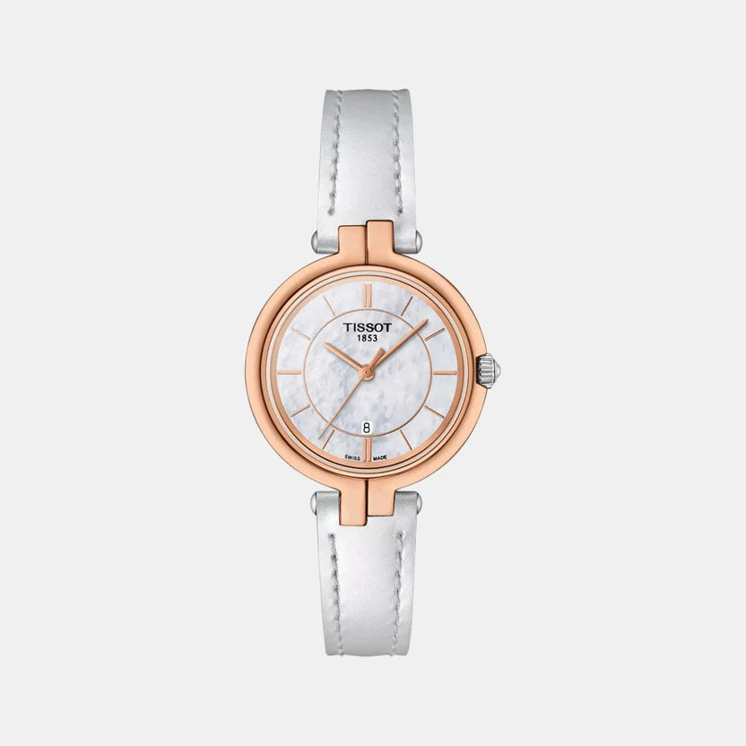 Tissot Flamingo T-Lady Women Quartz Analog White Mother Of Pearl Dial Leather Watch T0942102611101