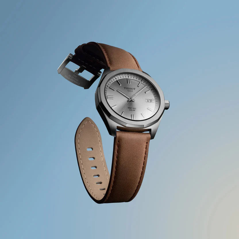 Tissot PRC 100 Solar Unisex Silver Dial Analog Leather Watch T1514221603100
