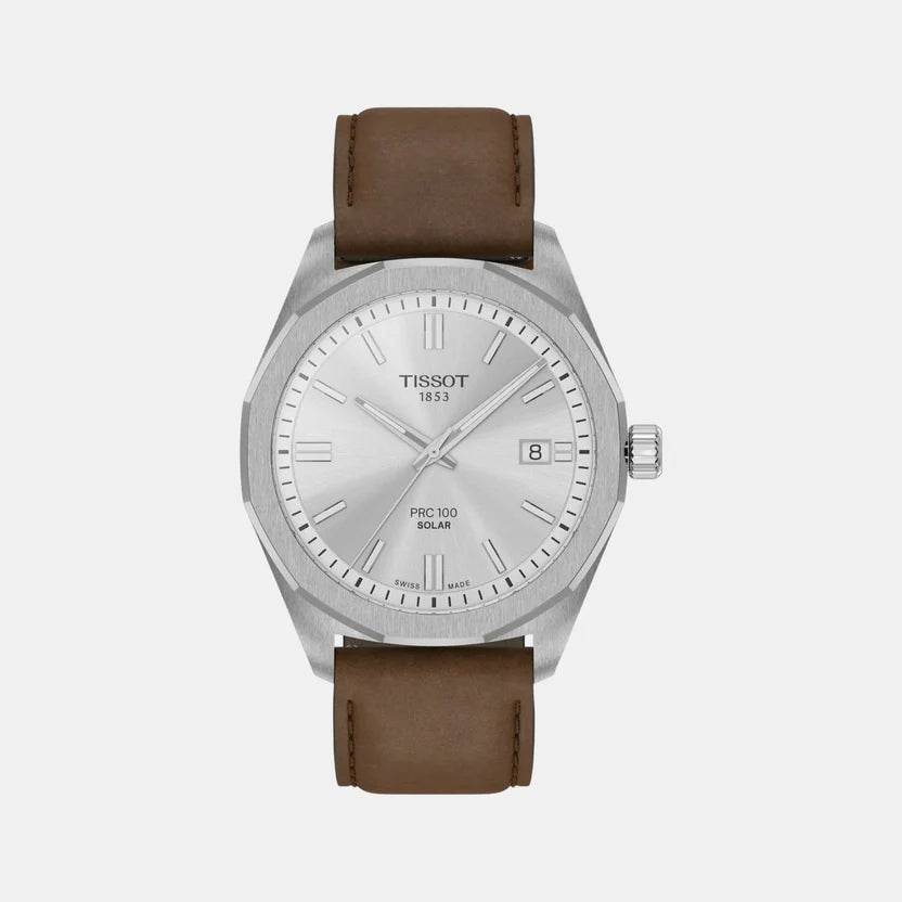 Tissot PRC 100 Solar Unisex Silver Dial Analog Leather Watch T1514221603100