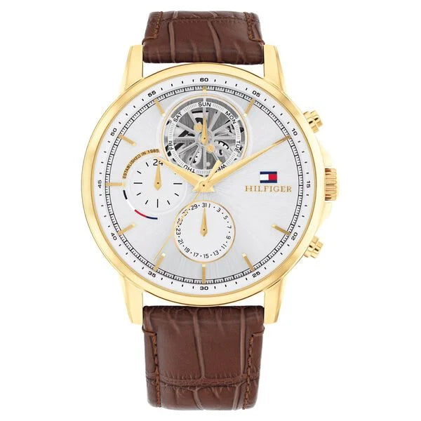 Tommy Hilfiger Quartz Multifunction Silver Dial Brown Leather Strap Watch for Men ntth1710631