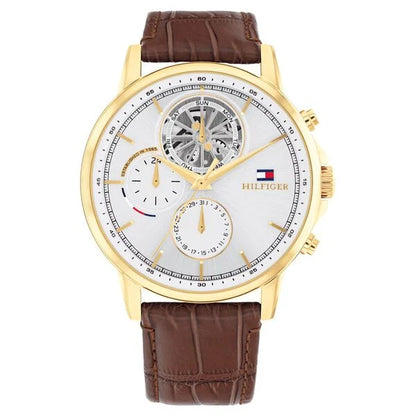 Tommy Hilfiger Quartz Multifunction Silver Dial Brown Leather Strap Watch for Men ntth1710631