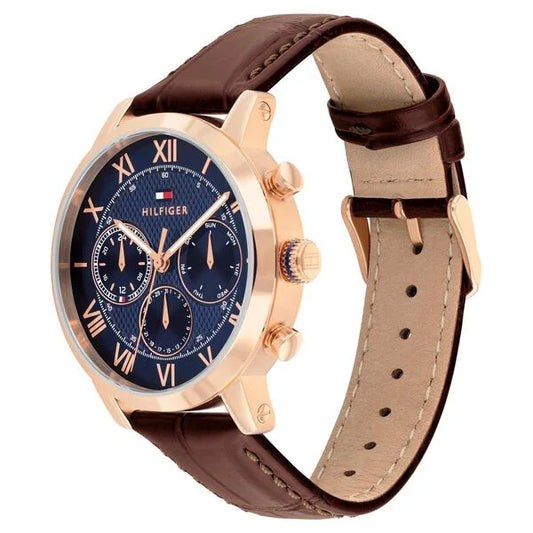 Tommy Hilfiger Quartz Multifunction Blue Dial Brown Leather Strap Watch For Men TH1710727W