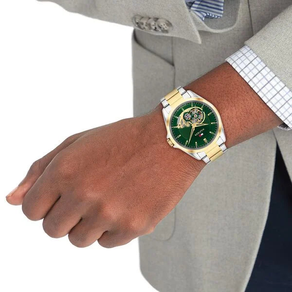 Tommy Hilfiger Automatic Automatic Green Dial Two Toned Stainless Steel Strap Watch For Men TH1710737W