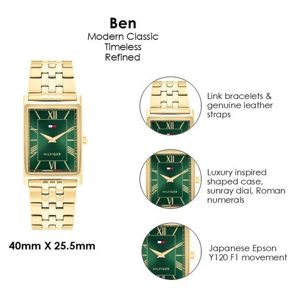Tommy Hilfiger Quartz Analog Green Dial Golden Stainless Steel Strap Watch For Men TH1710784W