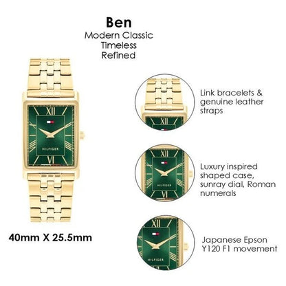 Tommy Hilfiger Quartz Analog Green Dial Golden Stainless Steel Strap Watch For Men TH1710784W