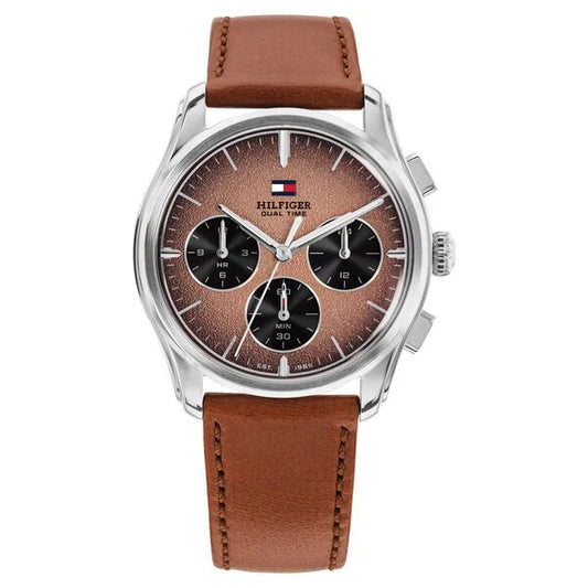 Tommy Hilfiger Quartz Multifunction Black Dial Brown Leather Strap Watch For Men