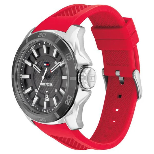 Tommy Hilfiger Quartz Analog with Date Grey Dial Red Silicone Strap Watch for Men ntth1792135