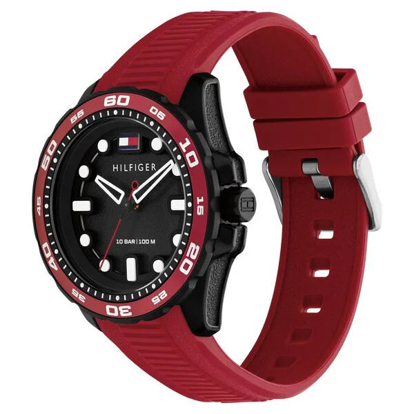 Tommy Hilfiger Quartz Analog Black Dial Red Silicone Strap Watch For Men