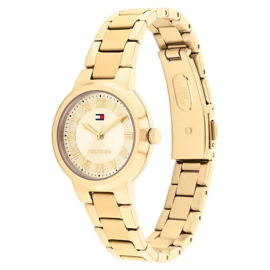 Tommy Hilfiger Quartz Analog Yellow Dial Golden Stainless Steel Strap Watch For Women