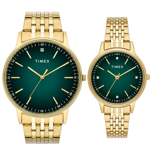 Timex Fashion Couple Quartz Green Dial Analog Stainless Steel Watch TW00PR327