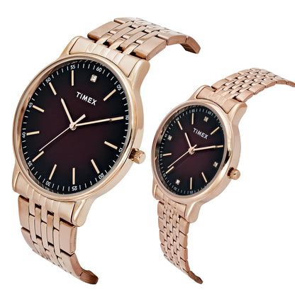 Timex Fashion Couple Quartz Brown Dial Analog Stainless Steel Watch TW00PR328