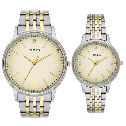 Timex Fashion Couple Quartz Cream Dial Analog Stainless Steel Watch TW00PR329
