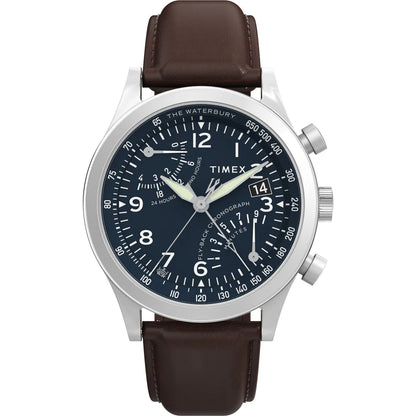 Timex Waterbury Traditional Fly Back Chronograph 43mm Leather Strap Watch - TW2W47900UJ