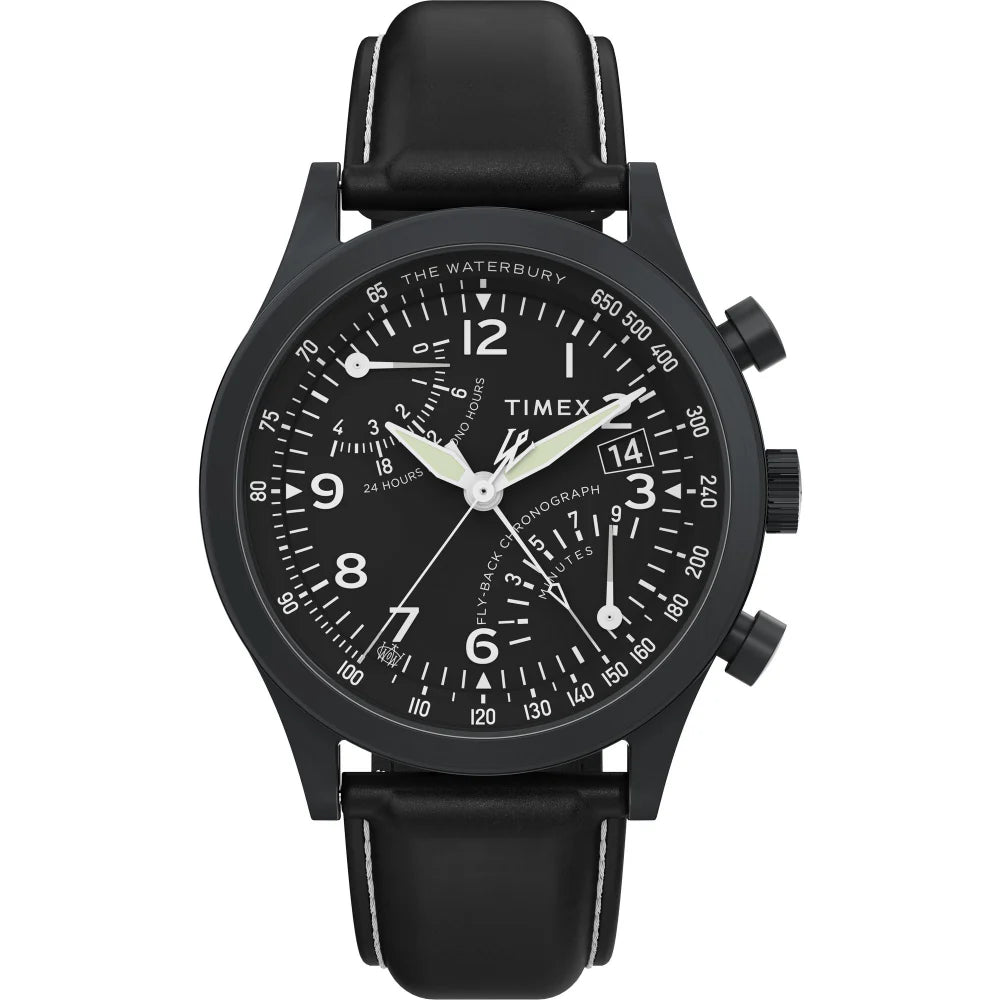 Timex Waterbury Traditional Fly Back Chronograph 43mm Leather Strap Watch - TW2W48000UJ