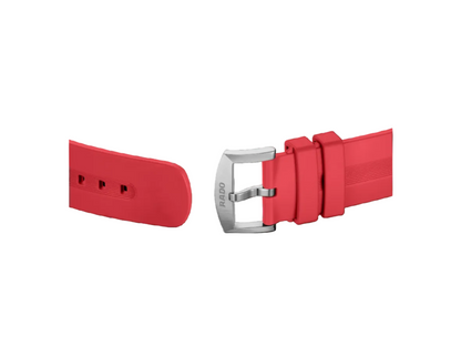 Red watch strap with silver buckle on a white background