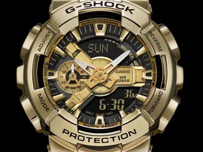 Casio G-Shock GM-110G-1A9DR Gold Ip Black & Gold Analog-Digital Dial Black Resin Strap Men's Watch Shock And 200M Water Resistant G1053