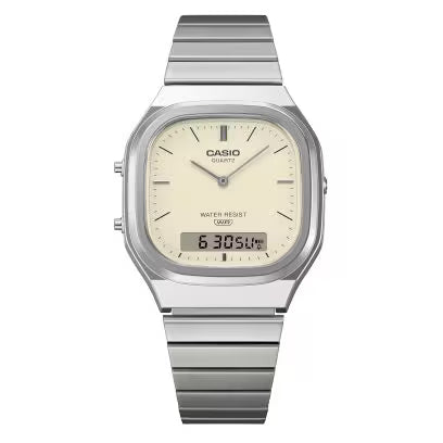 CASIO VINTAGE SILVER STAINLESS CHAIN COLOUR CREAM DIAL AQ-240E-7A2 (D431)
