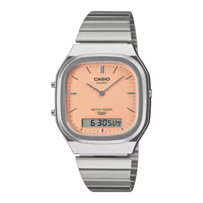 CASIO VINTAGE SILVER STAINLESS STEEL ORANGE DIAL UNISEX WATCH AQ-240E-4A