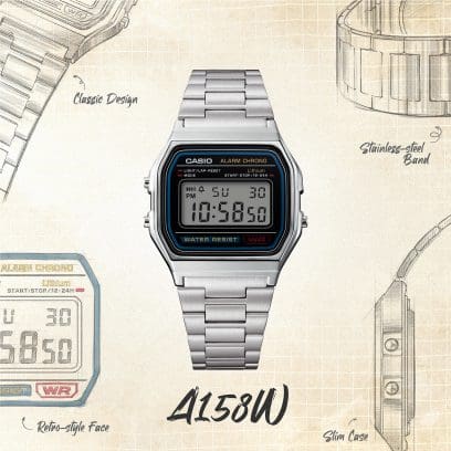 Casio Vintage A-158WA-1Q Digital Grey Dial Unisex Watch Silver Metal Strap (D011)