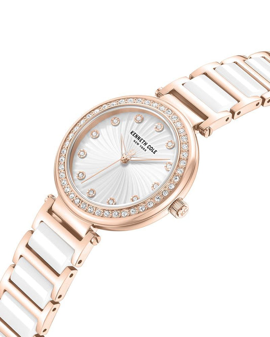 Kenneth Cole Quartz Analog Silver Dial Rose Gold Colour Ceramic Strap Watch For Women kcwlg0066102ld