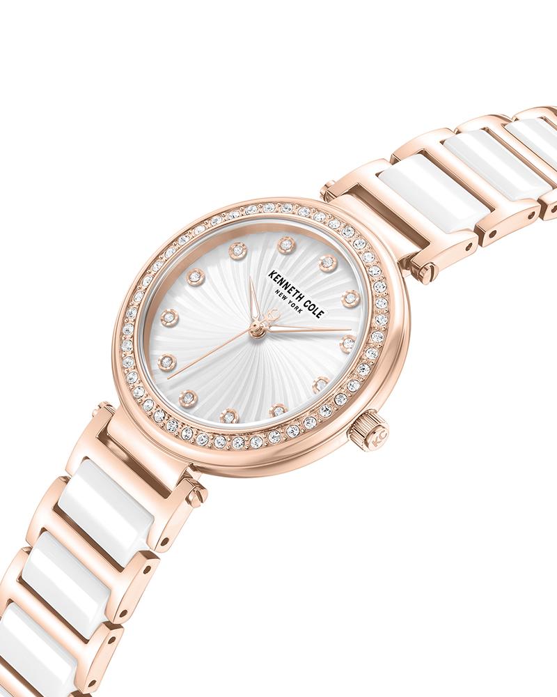 Kenneth Cole Quartz Analog Silver Dial Rose Gold Colour Ceramic Strap Watch For Women kcwlg0066102ld