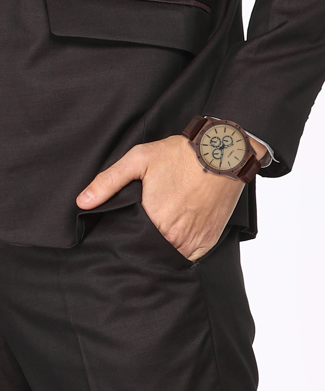 Timex Fashion Men's Quartz Analog Brown Dial Round Case Multifunction Function Watch -TW000U915