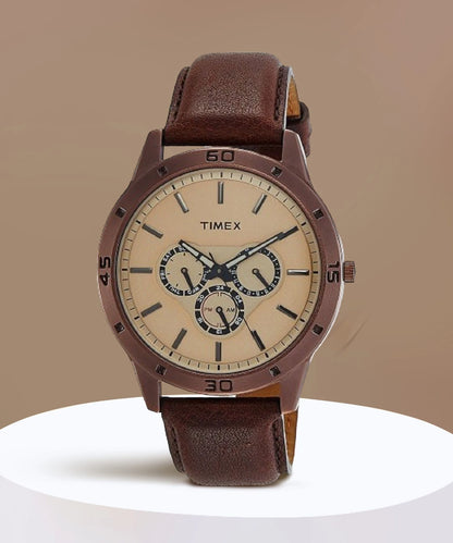 Timex Fashion Men's Quartz Analog Brown Dial Round Case Multifunction Function Watch -TW000U915