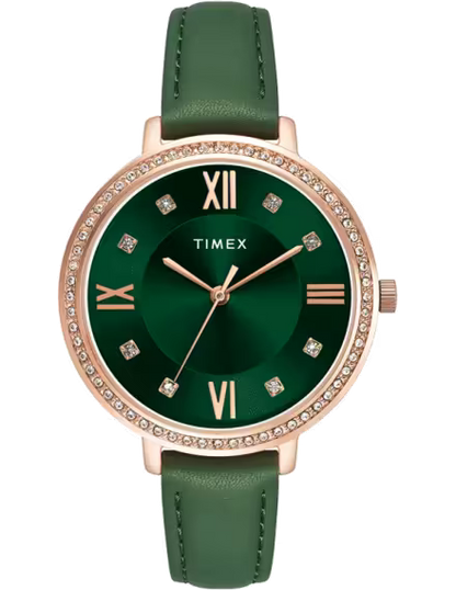 TIMEX Fashion Women Quartz Green Dial Analog Leather Watch TWEL14713