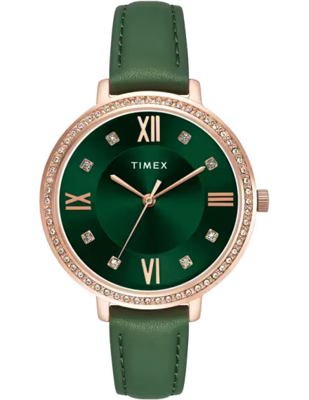 TIMEX Fashion Women Quartz Green Dial Analog Leather Watch TWEL14713